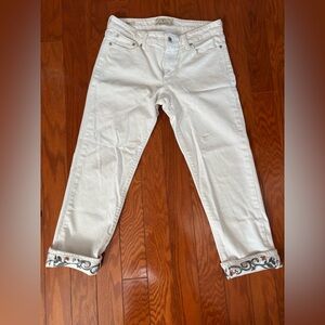 Lucky Brand White Cropped Jeans with Embroidered Cuffs